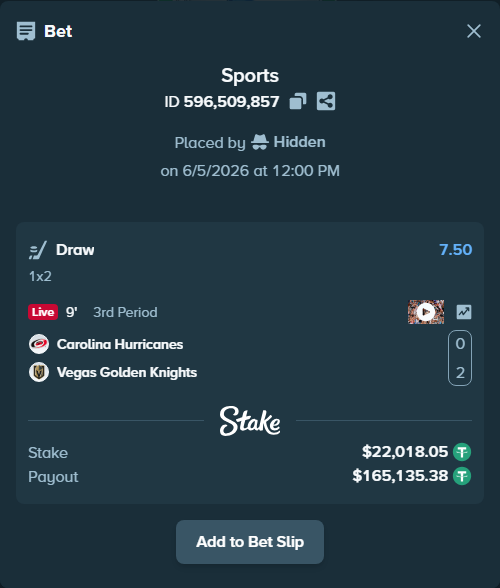Bet slip: Carolina Hurricanes - Vegas Golden Knights, $22,040.07 stake at 7.50 odds, placed by Hidden