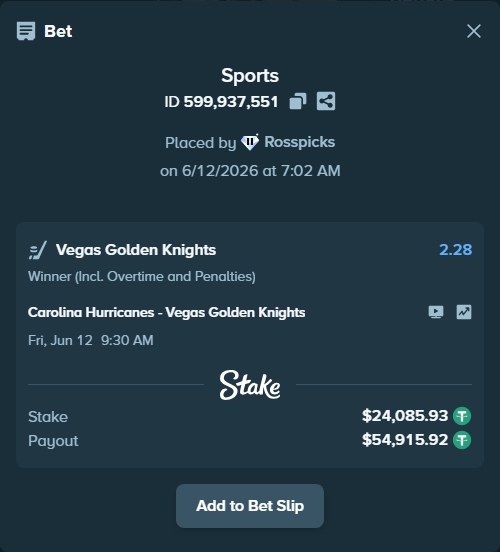 Bet slip: Carolina Hurricanes - Vegas Golden Knights, $24,110.02 stake at 2.28 odds, placed by Rosspicks