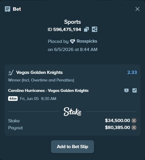 Bet slip: Carolina Hurricanes - Vegas Golden Knights, $33,973.70 stake at 2.33 odds, placed by Rosspicks