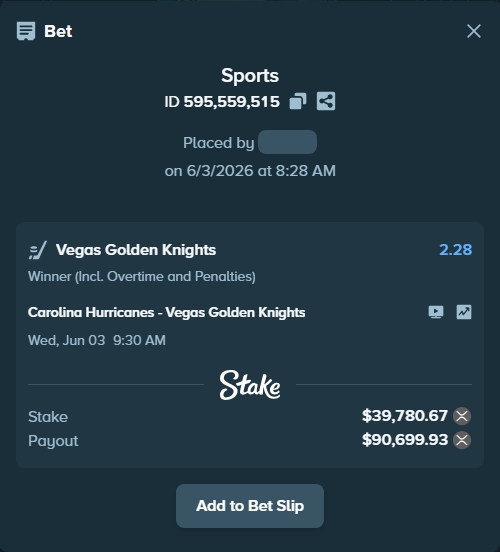 Bet slip: Carolina Hurricanes - Vegas Golden Knights, $37,897.45 stake at 2.28 odds, placed by Rosspicks