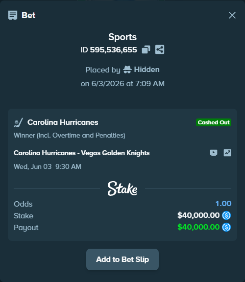 Bet slip: Carolina Hurricanes - Vegas Golden Knights, $40,000.00 stake at 1.66 odds, placed by Hidden