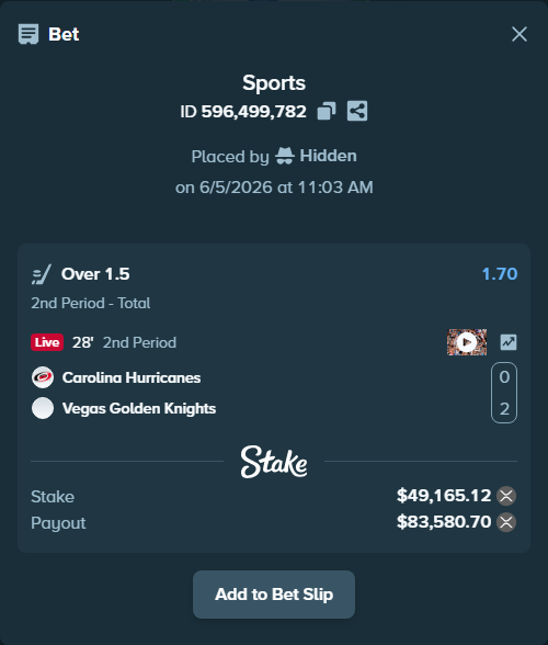 Bet slip: Carolina Hurricanes - Vegas Golden Knights, $48,895.69 stake at 1.70 odds, placed by Hidden