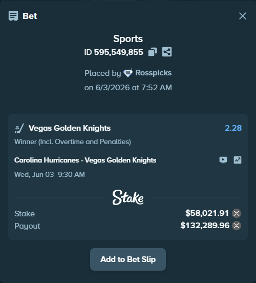 Bet slip: Carolina Hurricanes - Vegas Golden Knights, $54,781.39 stake at 2.28 odds, placed by Rosspicks