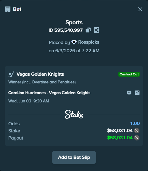 Bet slip: Carolina Hurricanes - Vegas Golden Knights, $54,362.90 stake at 2.28 odds, placed by Rosspicks
