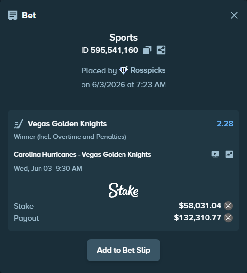 Bet slip: Carolina Hurricanes - Vegas Golden Knights, $54,362.90 stake at 2.28 odds, placed by Rosspicks