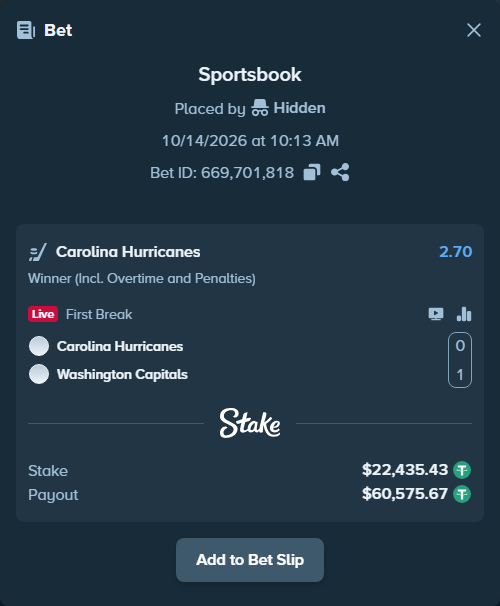 Bet slip: Carolina Hurricanes - Washington Capitals, $22,457.87 stake at 2.70 odds, placed by BetlikeaKing
