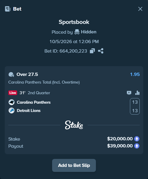 Bet slip: Carolina Panthers - Detroit Lions, $19,988.99 stake at 1.95 odds, placed by Jollysea