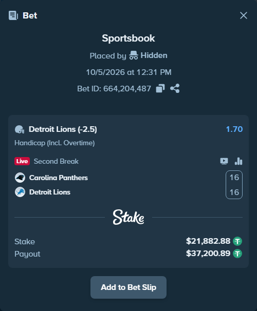 Bet slip: Carolina Panthers - Detroit Lions, $21,882.88 stake at 1.70 odds, placed by oscardv1981