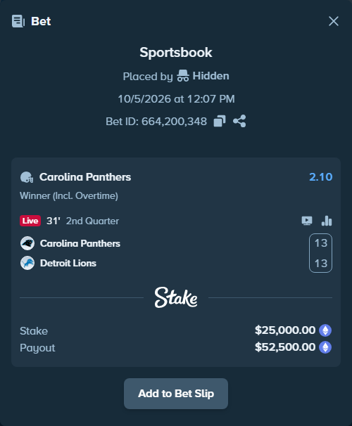 Bet slip: Carolina Panthers - Detroit Lions, $24,896.22 stake at 2.10 odds, placed by Jollysea