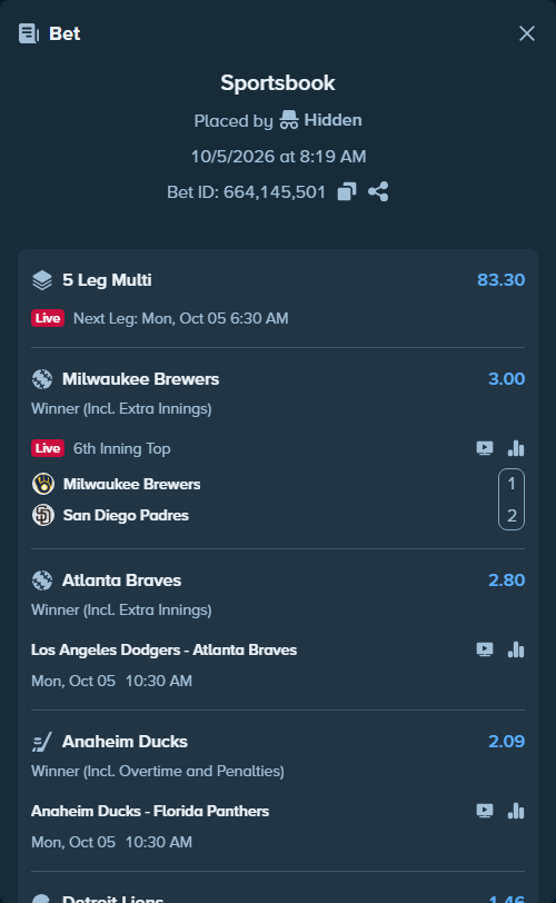 Bet slip: Carolina Panthers - Detroit Lions, $25,000.00 stake at 1.46 odds, placed by Hidden