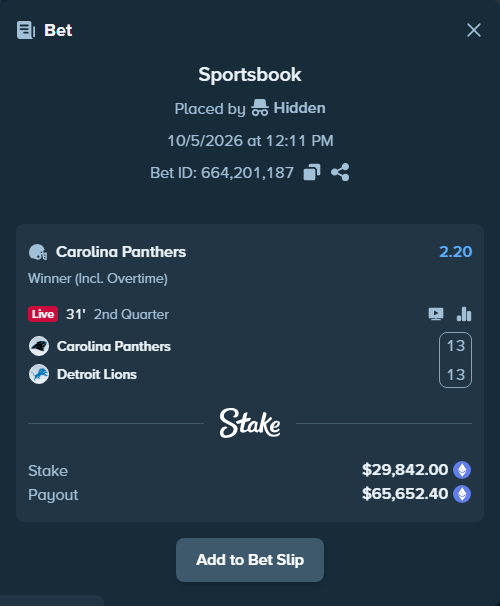 Bet slip: Carolina Panthers - Detroit Lions, $29,718.12 stake at 2.20 odds, placed by Jollysea