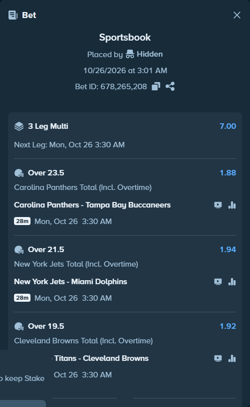 Bet slip: Carolina Panthers - Tampa Bay Buccaneers, $10,000.00 stake at 1.88 odds, placed by Hidden