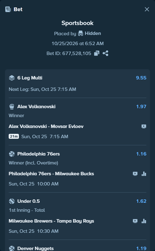 Bet slip: Carolina Panthers - Tampa Bay Buccaneers, $10,010.00 stake at 1.63 odds, placed by Hidden