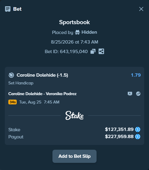 Bet slip: Caroline Dolehide - Veronika Podrez, $127,351.89 stake at 1.79 odds, placed by Hidden