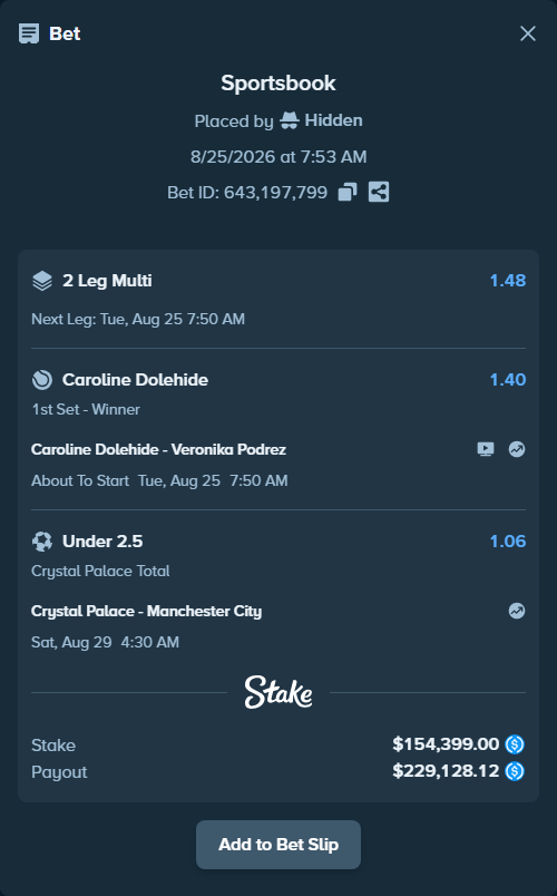 Bet slip: Caroline Dolehide - Veronika Podrez, $154,399.00 stake at 1.40 odds, placed by Hidden