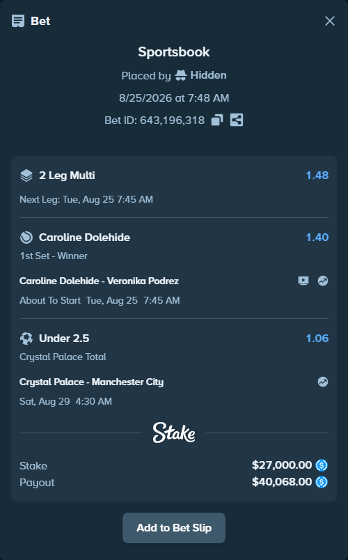 Bet slip: Caroline Dolehide - Veronika Podrez, $27,000.00 stake at 1.40 odds, placed by Hidden