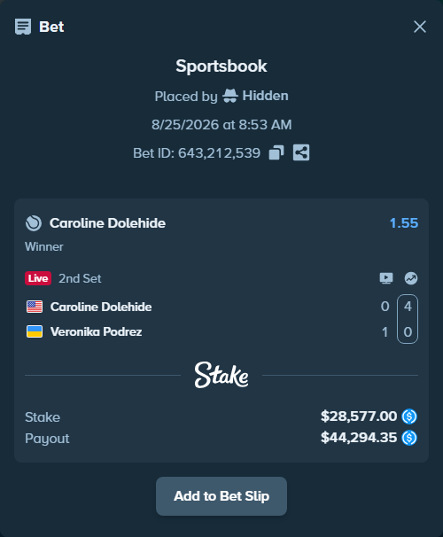 Bet slip: Caroline Dolehide - Veronika Podrez, $28,577.00 stake at 1.55 odds, placed by Hidden