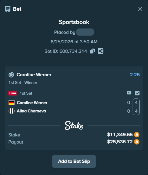 Bet slip: Caroline Werner - Alina Charaeva, $11,193.49 stake at 2.25 odds, placed by Richboyquan