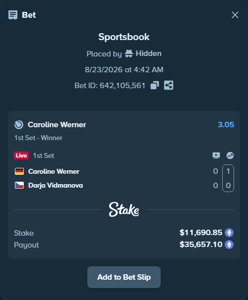 Bet slip: Caroline Werner - Darja Vidmanova, $11,736.55 stake at 3.05 odds, placed by Hidden