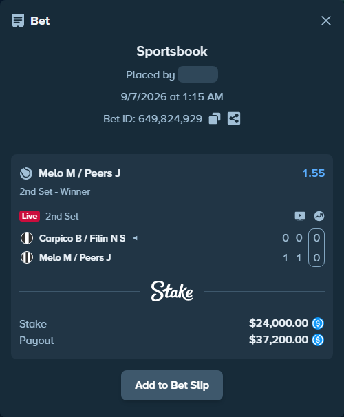 Bet slip: Carpico B / Filin N S - Melo M / Peers J, $24,000.00 stake at 1.55 odds, placed by kuwkuw