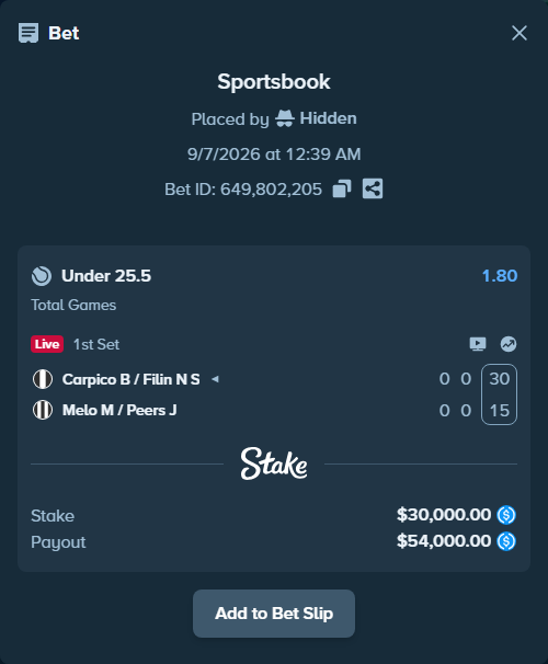 Bet slip: Carpico B / Filin N S - Melo M / Peers J, $30,000.00 stake at 1.80 odds, placed by Hidden