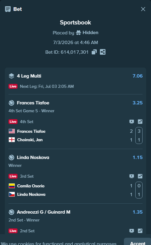 Bet slip: Carreno Busta P / Munar J - Andreozzi G / Guinard M, $203,157.50 stake at 1.35 odds, placed by Hidden
