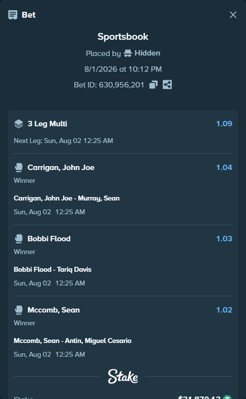 Bet slip: Carrigan, John Joe - Murray, Sean, $31,902.00 stake at 1.04 odds, placed by Hidden