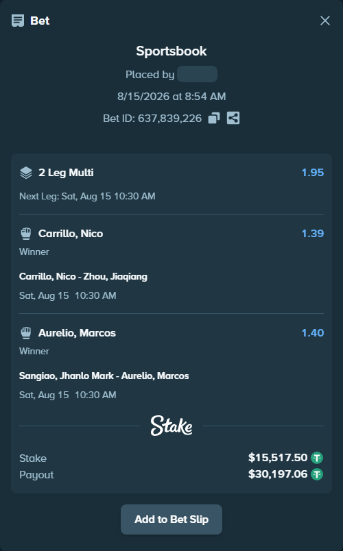 Bet slip: Carrillo, Nico - Zhou, Jiaqiang, $15,533.02 stake at 1.39 odds, placed by Davidbushel1