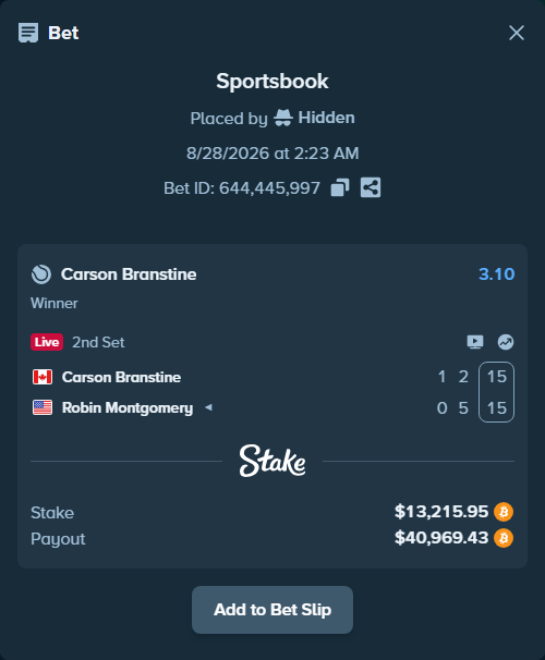 Bet slip: Carson Branstine - Robin Montgomery, $13,108.55 stake at 3.10 odds, placed by Hidden