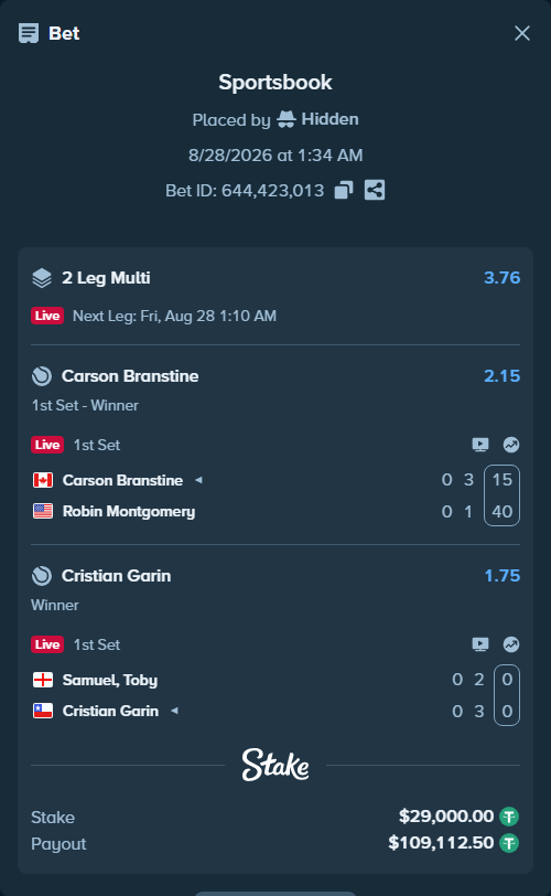 Bet slip: Carson Branstine - Robin Montgomery, $29,000.00 stake at 2.15 odds, placed by Hidden