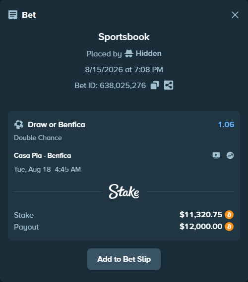 Bet slip: Casa Pia - Benfica, $11,660.94 stake at 1.06 odds, placed by Hidden