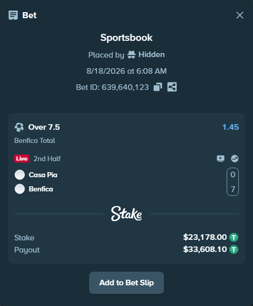 Bet slip: Casa Pia - Benfica, $23,201.18 stake at 1.45 odds, placed by Hidden