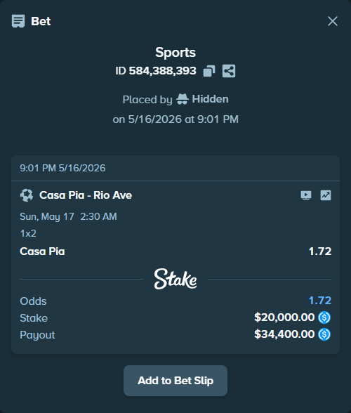 Bet slip: Casa Pia - Rio Ave, $20,000.00 stake at 1.72 odds, placed by Hidden