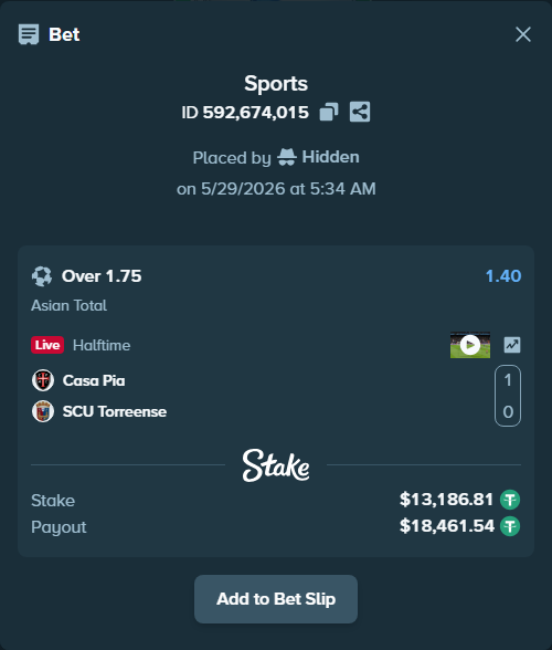 Bet slip: Casa Pia - SCU Torreense, $13,200.00 stake at 1.40 odds, placed by Hidden
