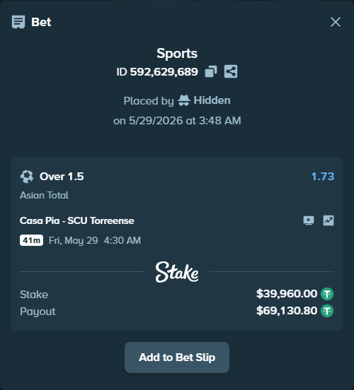 Bet slip: Casa Pia - SCU Torreense, $39,999.96 stake at 1.73 odds, placed by Hidden