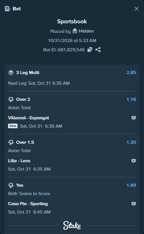 Bet slip: Casa Pia - Sporting, $10,010.00 stake at 1.89 odds, placed by Hidden