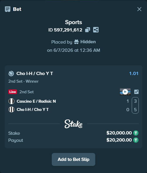 Bet slip: Cascino E / Radisic N - Cho I-H / Cho Y T, $20,000.00 stake at 1.01 odds, placed by Hidden