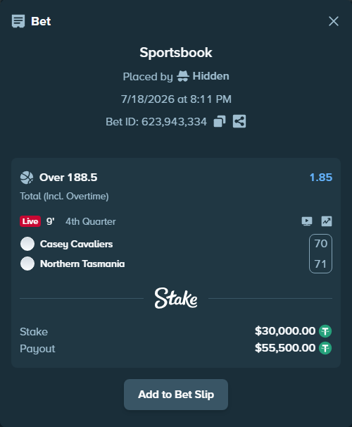 Bet slip: Casey Cavaliers - Northern Tasmania, $30,030.00 stake at 1.85 odds, placed by Hidden