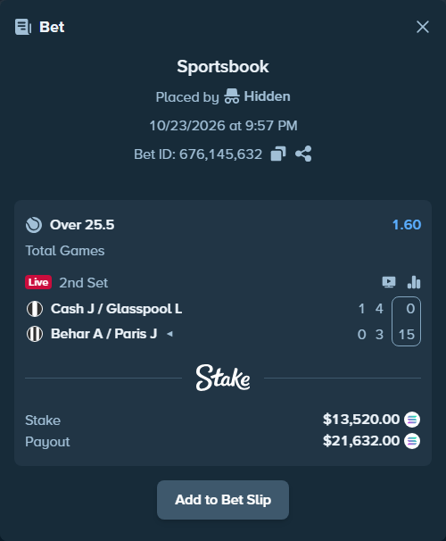 Bet slip: Cash J / Glasspool L - Behar A / Paris J, $13,561.93 stake at 1.60 odds, placed by AustinAlgamus