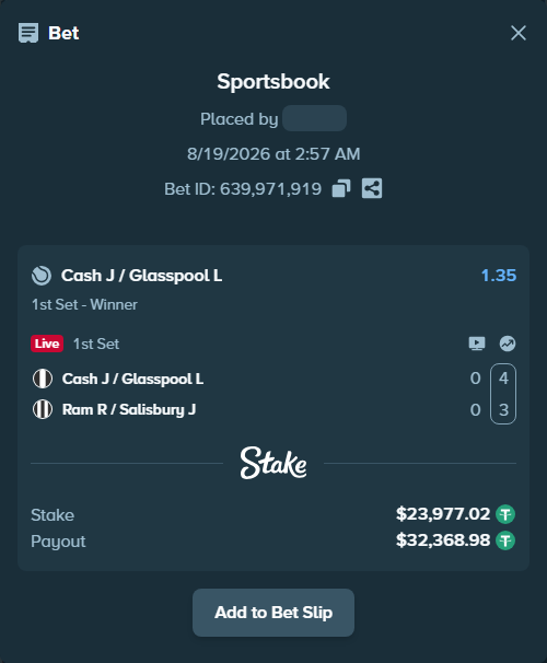 Bet slip: Cash J / Glasspool L - Ram R / Salisbury J, $24,001.00 stake at 1.35 odds, placed by DooDLeZ1love