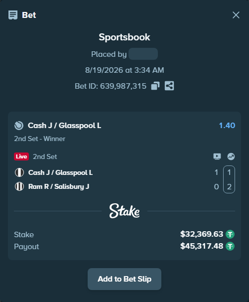 Bet slip: Cash J / Glasspool L - Ram R / Salisbury J, $32,402.00 stake at 1.40 odds, placed by DooDLeZ1love