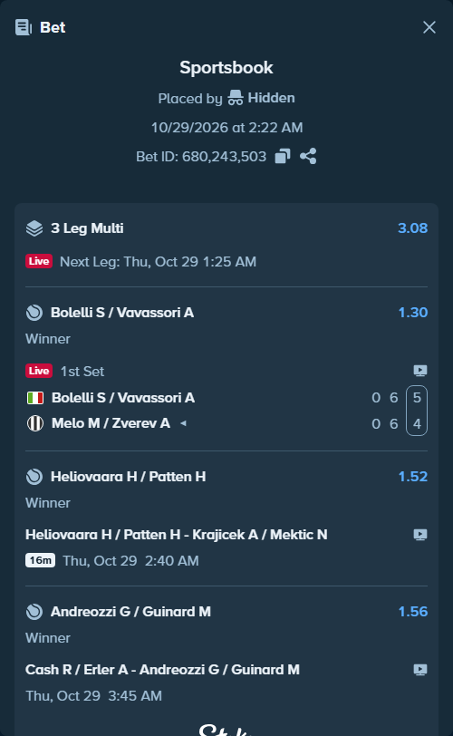 Bet slip: Cash R / Erler A - Andreozzi G / Guinard M, $10,000.00 stake at 1.56 odds, placed by Hidden