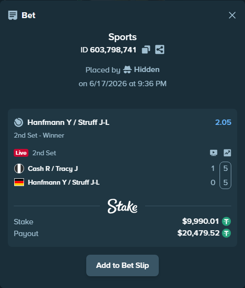 Bet slip: Cash R / Tracy J - Hanfmann Y / Struff J-L, $10,000.00 stake at 2.05 odds, placed by Hidden