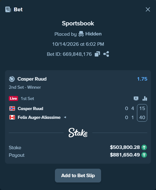 Bet slip: Casper Ruud - Felix Auger-Aliassime, $504,304.08 stake at 1.75 odds, placed by Hidden