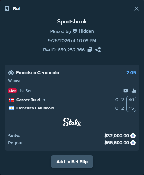 Bet slip: Casper Ruud - Francisco Cerundolo, $32,420.88 stake at 2.05 odds, placed by Stakems98