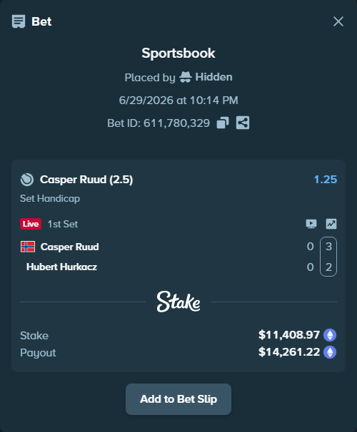 Bet slip: Casper Ruud - Hubert Hurkacz, $12,613.29 stake at 1.25 odds, placed by Hidden