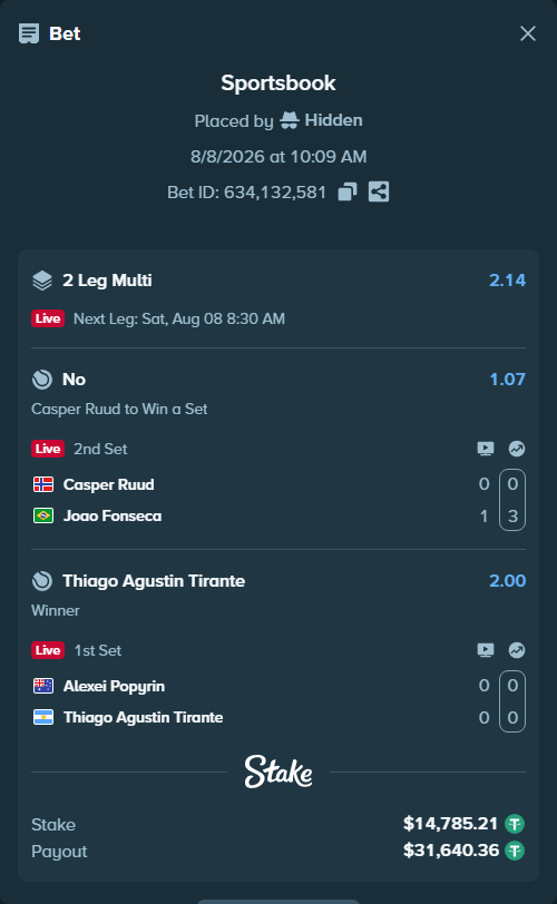 Bet slip: Casper Ruud - Joao Fonseca, $14,800.00 stake at 1.07 odds, placed by Hidden