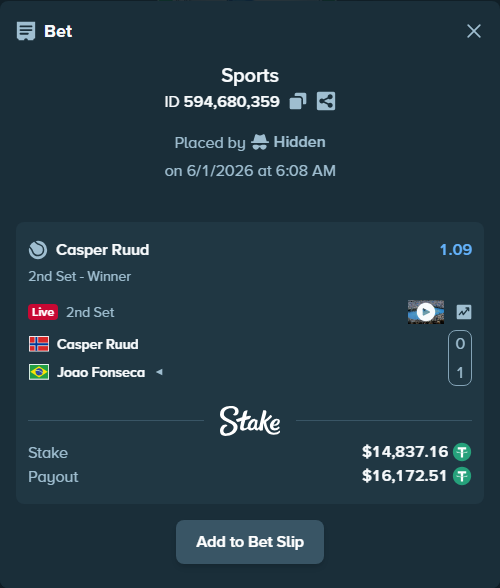 Bet slip: Casper Ruud - Joao Fonseca, $14,852.00 stake at 1.09 odds, placed by Hidden
