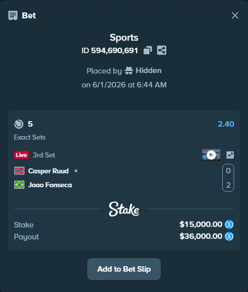Bet slip: Casper Ruud - Joao Fonseca, $15,000.00 stake at 2.40 odds, placed by Hidden