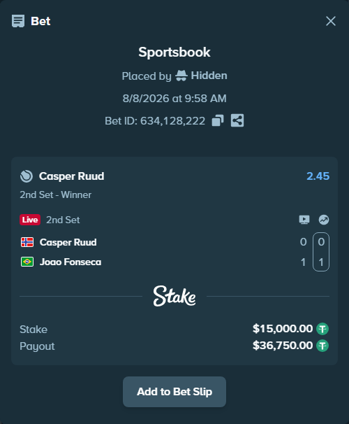 Bet slip: Casper Ruud - Joao Fonseca, $15,015.00 stake at 2.45 odds, placed by Hidden